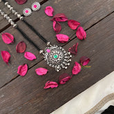 Vriksham Floral & Peacock Silver Oxidized Pendant With Black Beaded Magalsutra-S1003